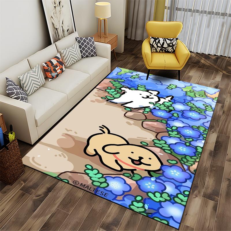 Cute Maltese Dogs Cartoon Rug with Blue Flowers for Living Room Decor Suitable for Use As an Anti-slip for Living Room Bedroom Sofas
