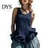 Relaxed Fit Women Blouse Tops Solid Color Loose Breathable Casual Soft Fabric Shirt O-Neck Sleeveless Ruffle Splicing Hem Summer Vest Daily