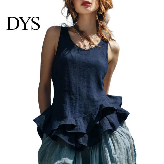 Relaxed Fit Women Blouse Tops Solid Color Loose Breathable Casual Soft Fabric Shirt O-Neck Sleeveless Ruffle Splicing Hem Summer Vest Daily