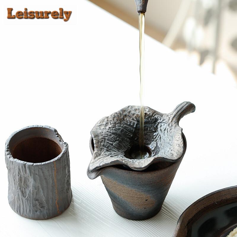 Japanese Handmade Rough Pottery Tea Filter Holder Ancient Early Roasted Tea Strainer Mesh Leak Frame Kung Fu Tea Filter Diffuser