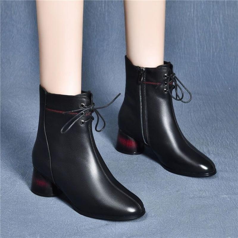 Leder große Baumwolle Damen Kurzstiefel 2025 Herbst und Winter neue Damenstiefel mittlerer Absatz Martin Stiefel runder Absatz Samt Kurzstiefel