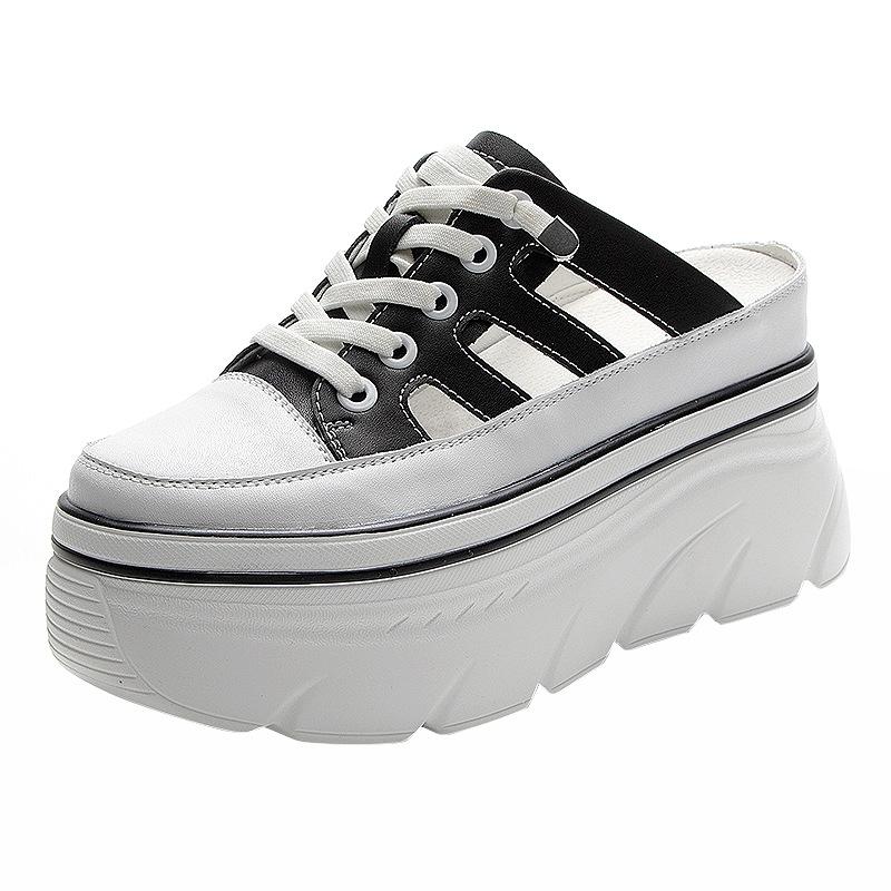 Lazy bag head half slippers women's summer outer wear 2025 new hollow breathable inner height-increasing muffin shoes white shoes