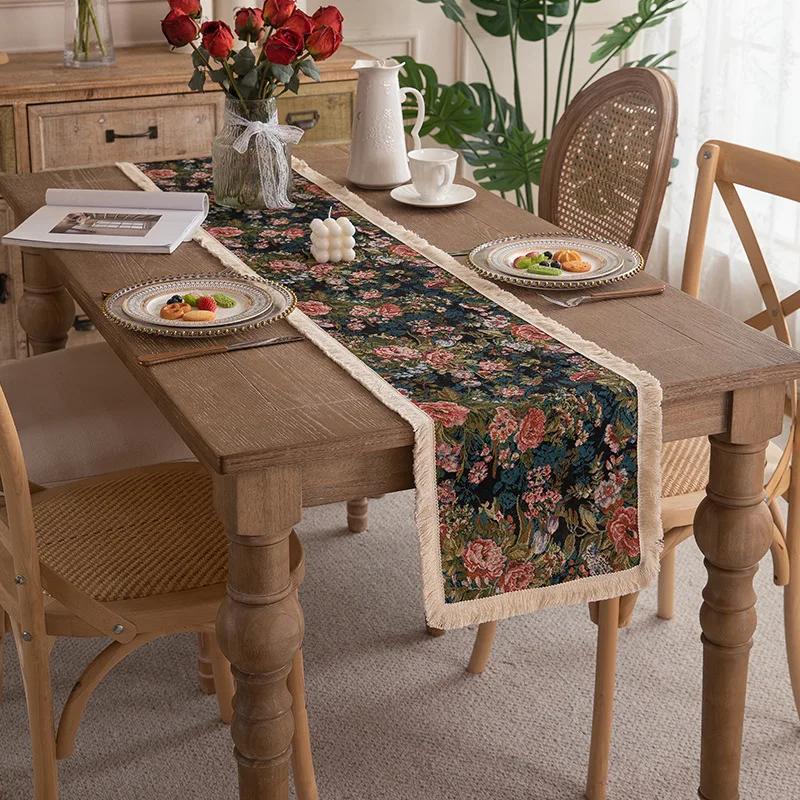 Floral Table Runner Spring Vintage Rose with Leaves Tassels Farmhouse Table Runners Decor for Dining Kitchen Table Wedding