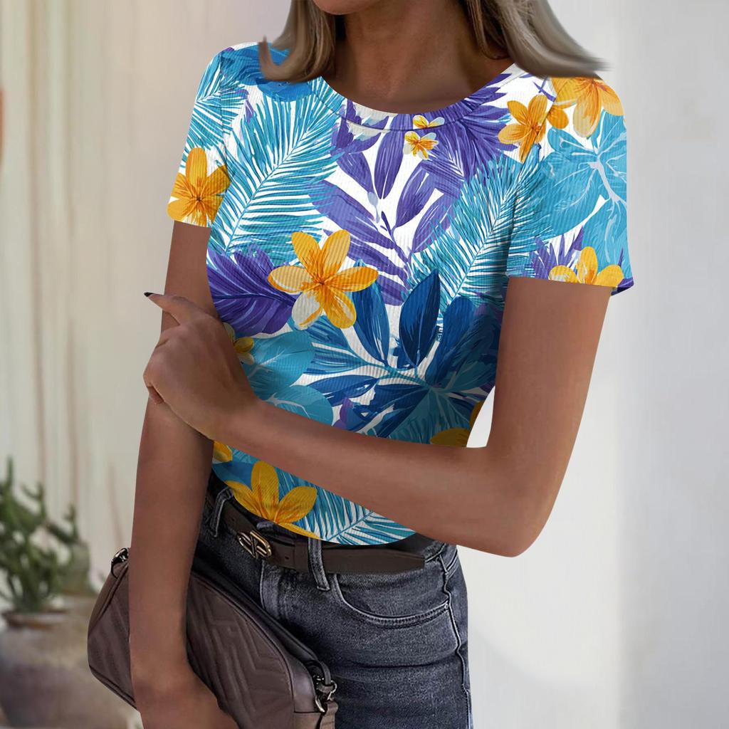 Women's Casual Fashion Round Neck Hawaiian Print Short Sleeve Ribbed Top