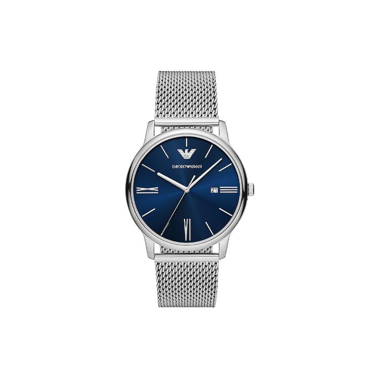 EMPORIO ARMANI Three Hand Date Stainless Steel Mesh Watch AR11571-CLG Blue Dial