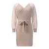 Women Dress  Color V-neck Bandage Lace Patchwork Long Sleeve Evening Dress