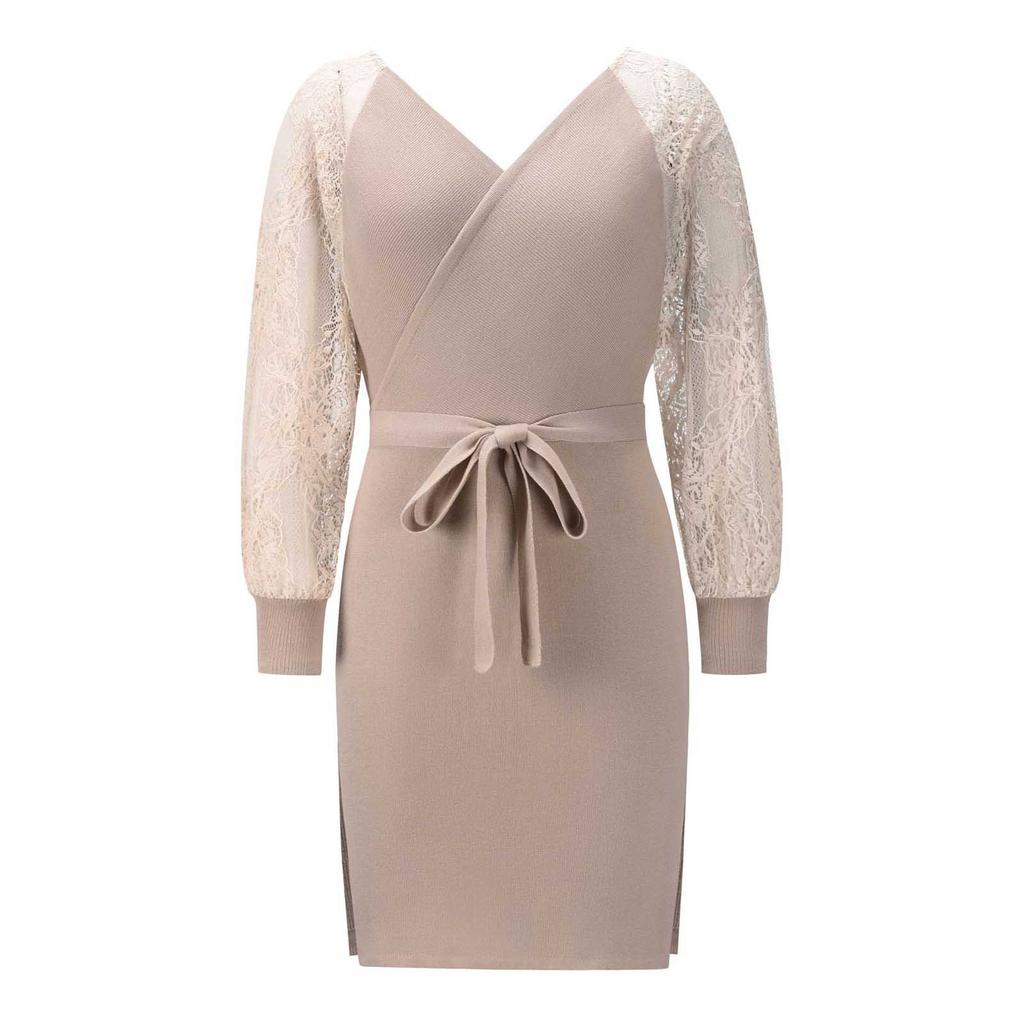 Women Dress  Color V-neck Bandage Lace Patchwork Long Sleeve Evening Dress