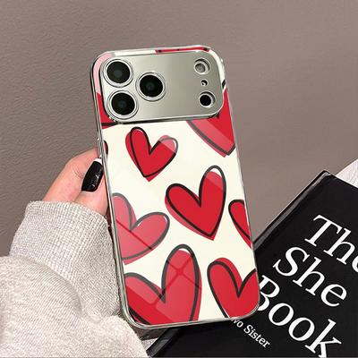 INS Fashion Heart Phone Case For iPhone 17 16 15 14 13 12 Pro Max Plus Electroplated Metal Shockproof Bumper Case Glass Back