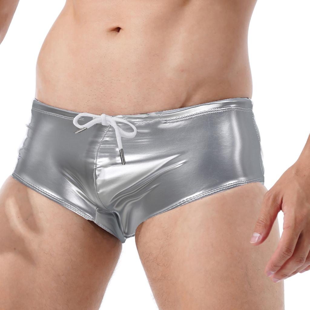 Patent Leather Boxer Men Lingerie Wet Look Panties Trunks Low Rise Sheath Fitness Drawstring Underwear Shorts Party Clubwear New