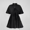 Short Dress European and American Summer New Stand-up Collar Sweet Tie Pleated Waist A-word Dress