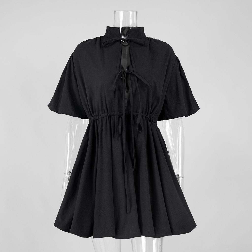 Short Dress European and American Summer New Stand-up Collar Sweet Tie Pleated Waist A-word Dress