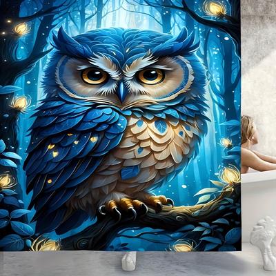 1 pièce Rideau de douche - Motif Forêt Enchantée avec un Hibou Bleu Majestueux et des Lucioles Lumineuses Imperméable