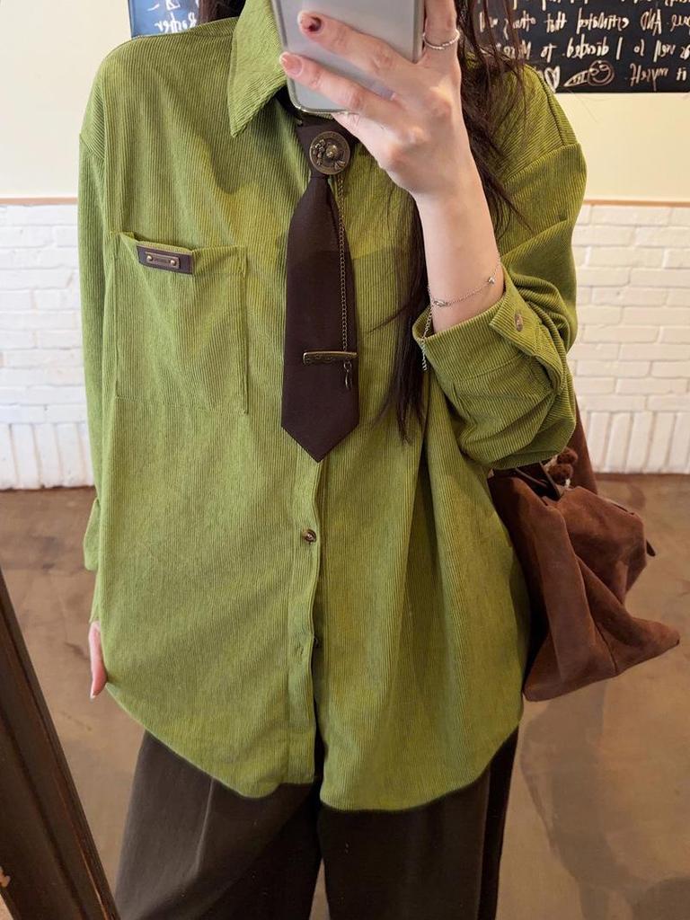Women's Avocado Green Retro College Style Long-Sleeve Shirt – Spring 2026 Casual Layering Top