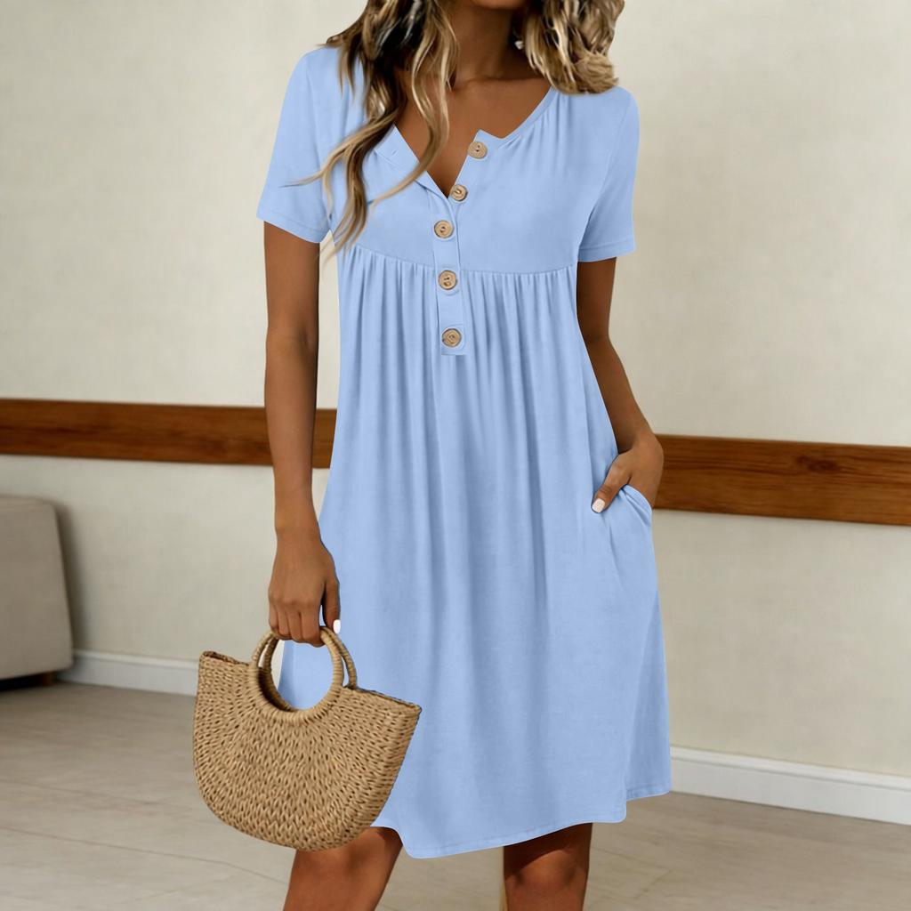 Women's Fashionable Color Round Neck Short Sleeved Button Neck Mid Length Casual Dress