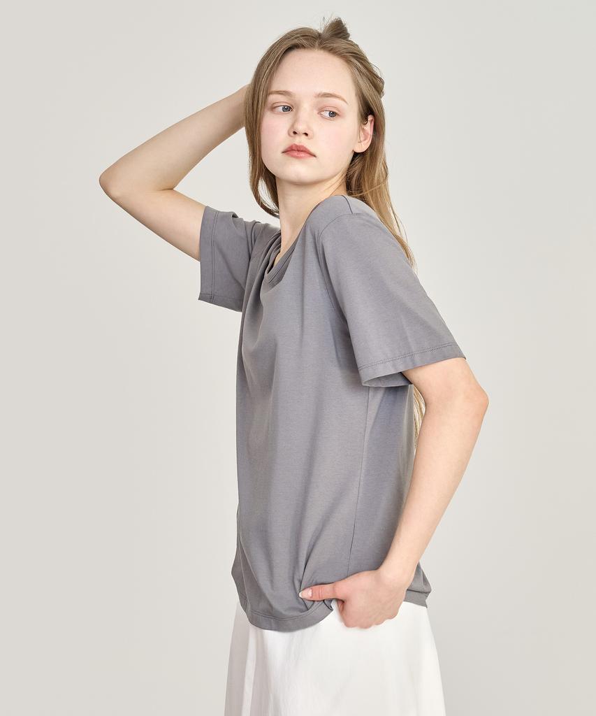 BASIC HOUSE Women'S U-Neck Oversized Stretch Short Sleeve T-Shirt Dark Gray Lats0210