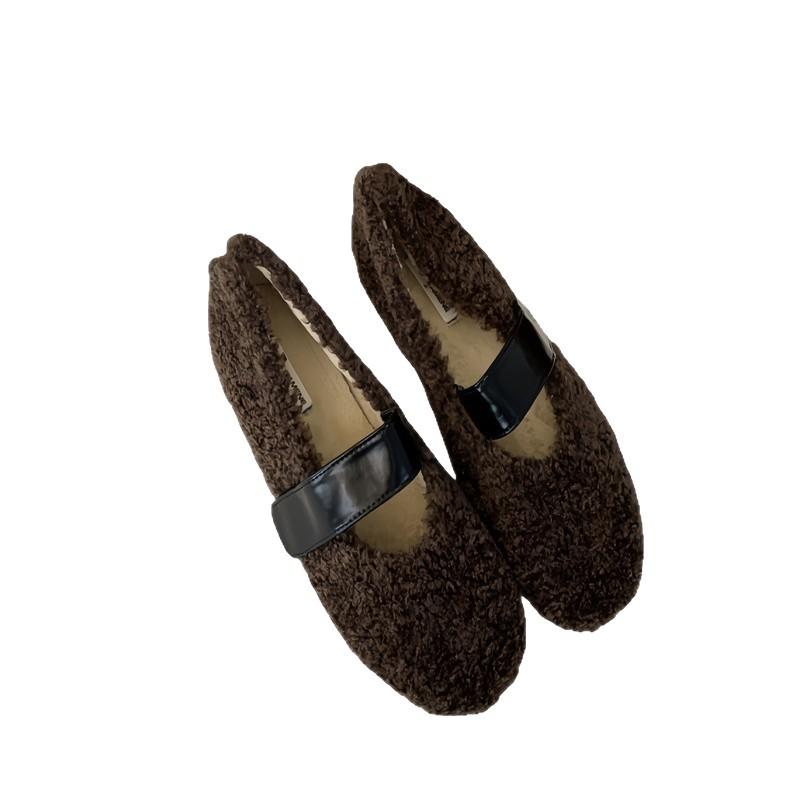 ~ Niche design leather Korean version of flat-soled lamb wool single shoes autumn and winter versatile casual cashmere Doudou shoes