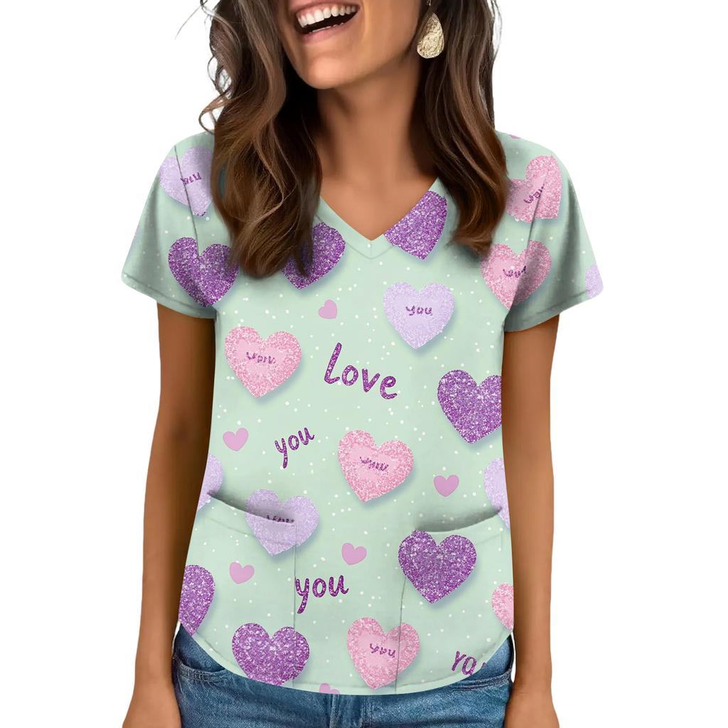 Women's V-neck Valentine's Day Printed Short-sleeved Top With Pockets And Side Slits, Suitable For Caregivers.