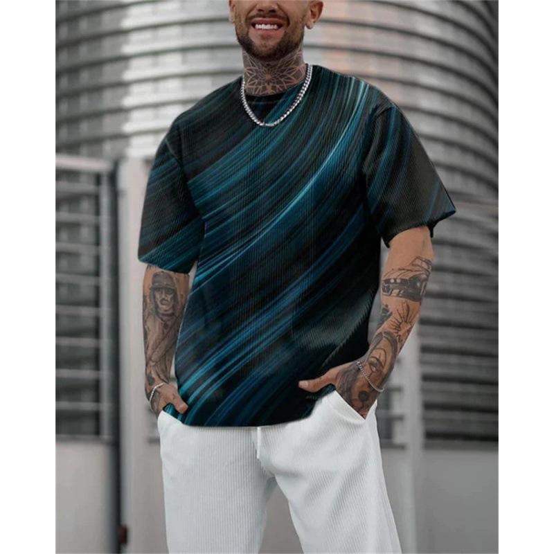 Tricou de vară pentru bărbați retro negru alb cu model geometric cu linii cubice, cu imprimeu mare, mânecă scurtă, top casual