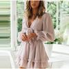 New European and American spring and autumn V-neck long-sleeved bubble-sleeved solid-color lace-up ruffle dress