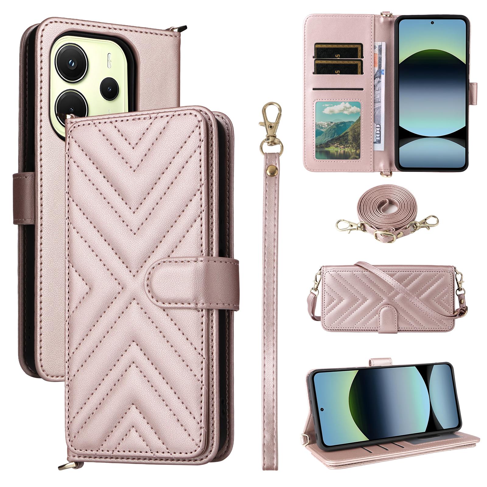 

Для Xiaomi Redmi Note 14 4G (163,25 мм) Шкіряний чохол-гаманець із ремінцем на плече/зап ястя, підставка для телефону Pink