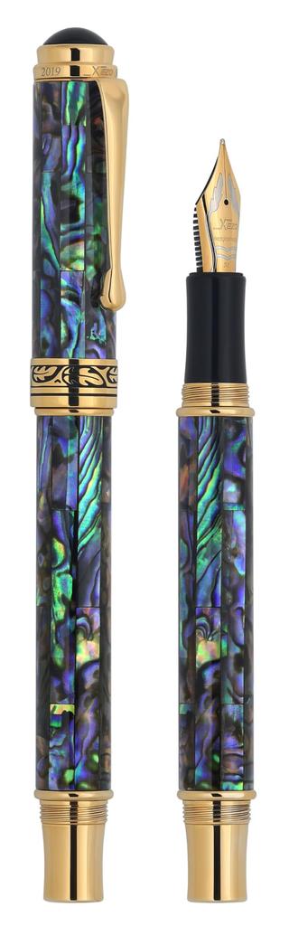 Xezo Maestro Fountain Nib Gift of Writing 18K Paua Each Unique Pen, Medium-Fine (0.45mm Line), Series, Gold-Plated Abalone, Handmade, Serialized,