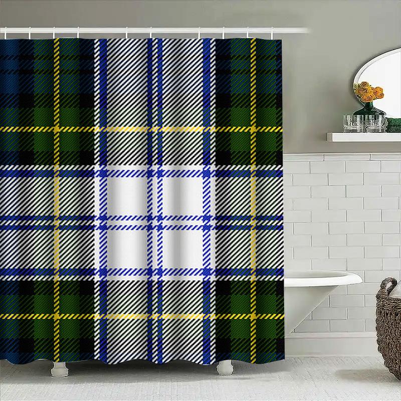 Green Plaid Shower Curtain Waterproof Bathroom Decor Blue Yellow Striped Home Decorative Polyester Fabric Modern Bath Mat