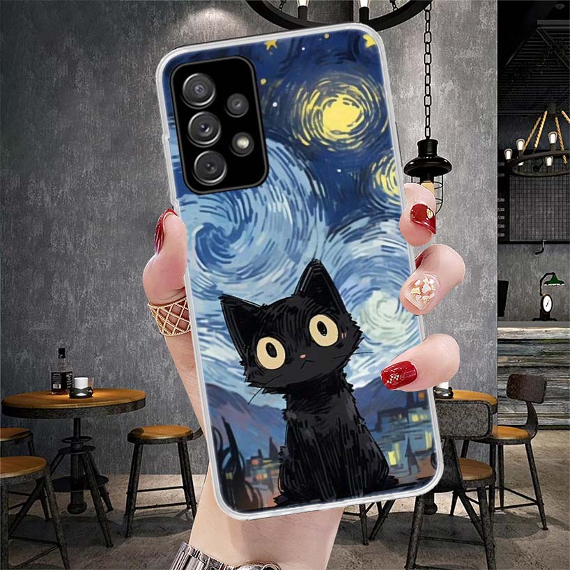 Anime Cute Black Cat Meow Phone Case For Samsung Galaxy A13 A14 A15 A16 A17 A53 A54 A55 A56 A57 A33 A34 A35 A36 A37 A23 A24 A25