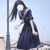 Summer Waist Cinched Mid Length Pleated A-line Skirt Sweet Women's Dress Sailor Collar Vestidos Female Lolita Dresses Summer Cute Women's JK