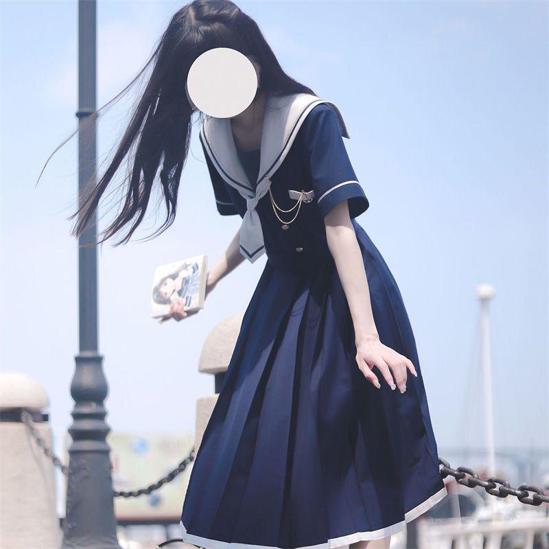 Summer Waist Cinched Mid Length Pleated A-line Skirt Sweet Women's Dress Sailor Collar Vestidos Female Lolita Dresses Summer Cute Women's JK