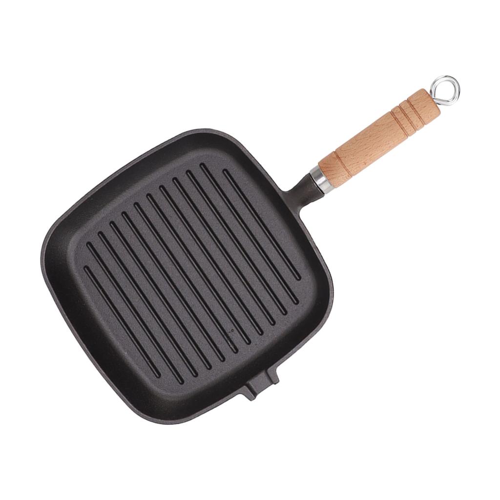 Cast Iron Skillet with Wooden Handle Square Uncoated Nonstick Cast Iron Grill Pan for Meats Steak Fish