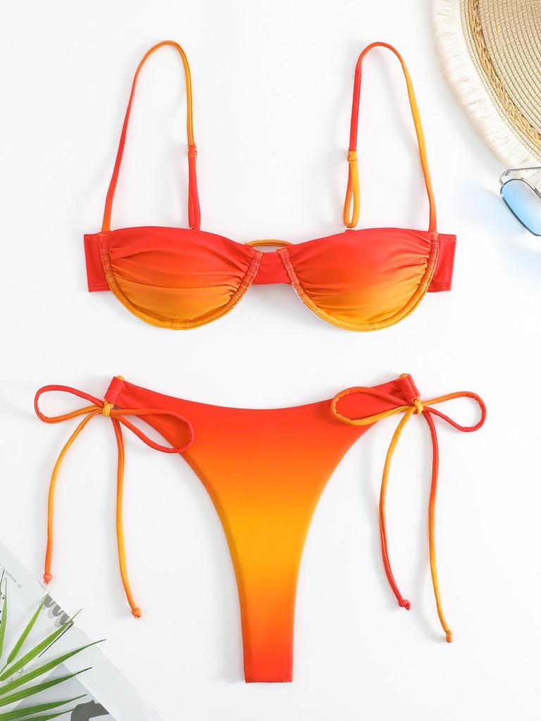 Europäischer & Amerikanischer Sexy Farbverlauf Blau Dreiteiliger Bikini mit Stahlbügel