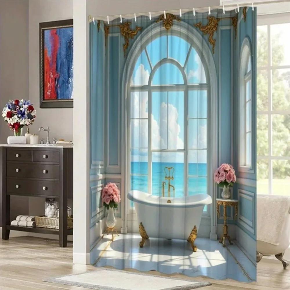 1Pc Baroque Bathroom With Ocean View Shower Curtain Luxurious Vintage Bathroom With Arched Window Showing Ocean View