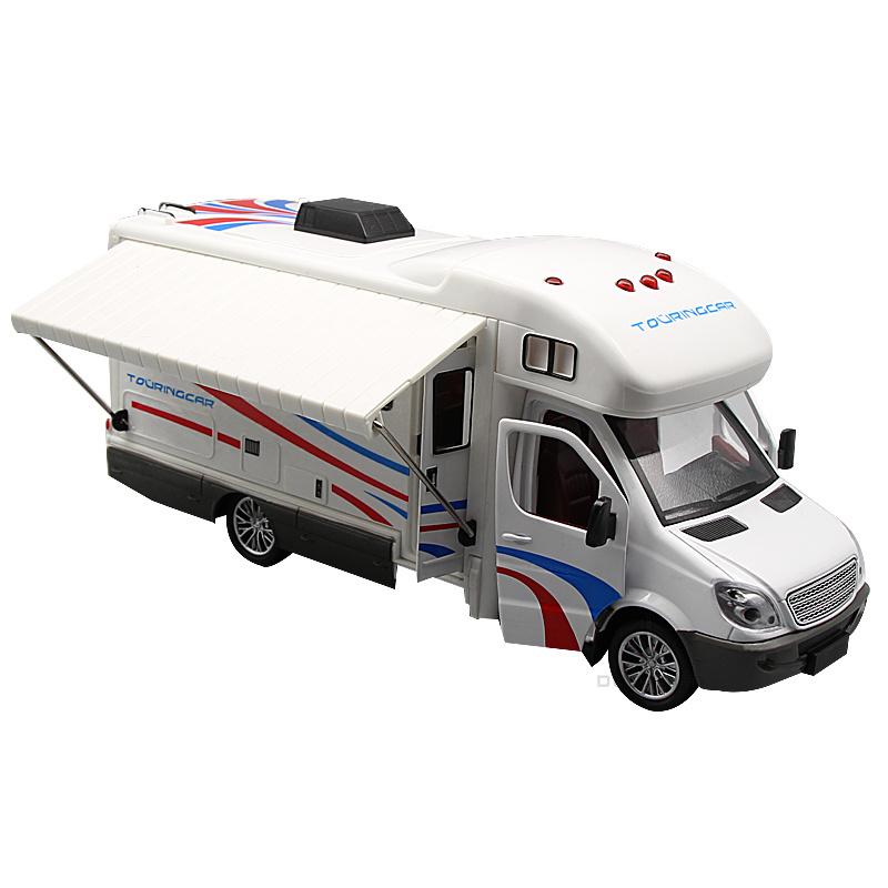 1/32 Alloy Diecast Touring Car Model Toys 3 Doors Opened Sound Light Campervan RV Trailer Vehicles Childrens Toy Gift Collection