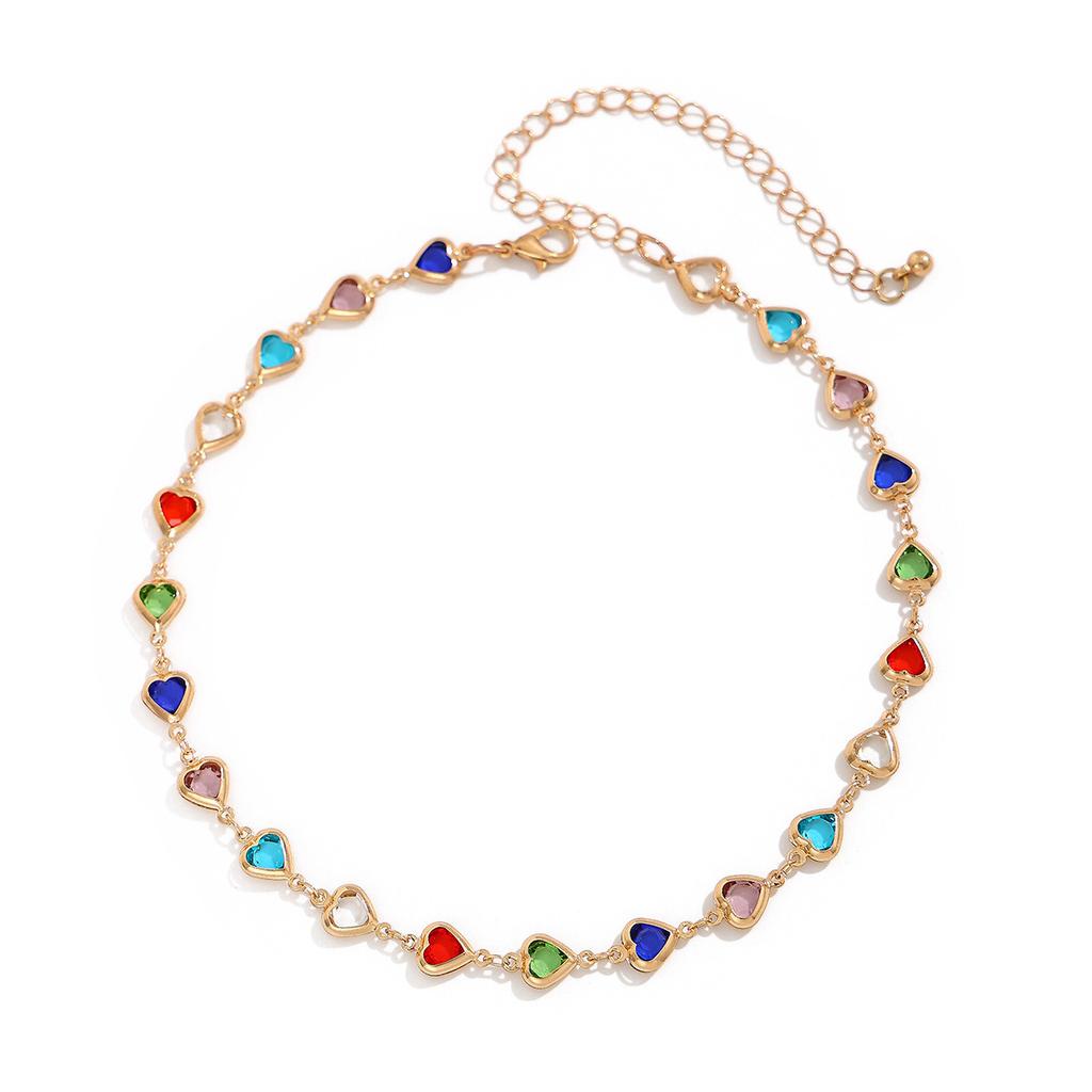 Temperament Light Luxury Square Colored Rhinestone Collarbone Chain, Wind Dopamine Peach Heart Crystal Necklace