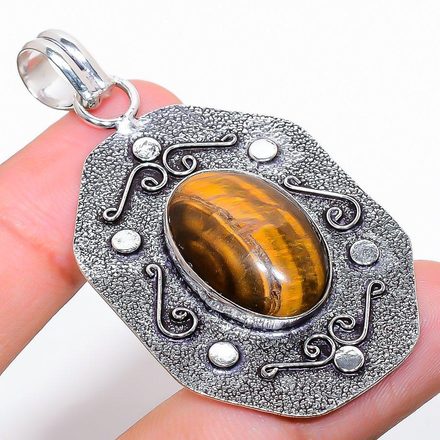 Tiger Eye Gemstone Handmade 925 Sterling Silver Jewelry Pendant 2.36"