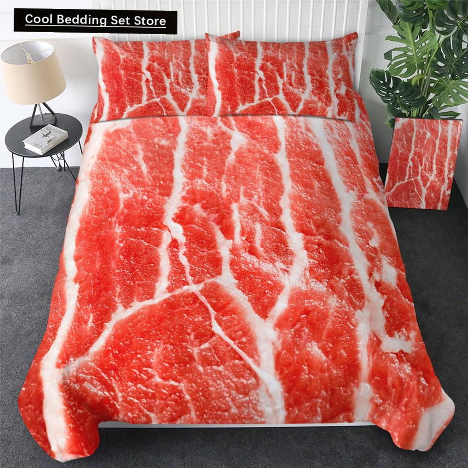 Essen Rindfleisch Bettwäsche Set 3D Frisches Fleisch Bettbezug King/Queen Größe Köstliche Meeresfrüchte Sashimi Hähnchenschenkel Steak Realistischer Bettdeckenbezug