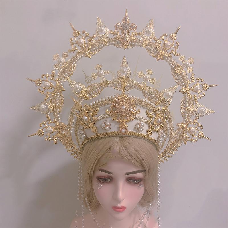 Lolita Gothic KC Crown Church Pope Tiara Renaissance Headband DIY Vintage Baroque Hat Headpiece Decor Headwear Props