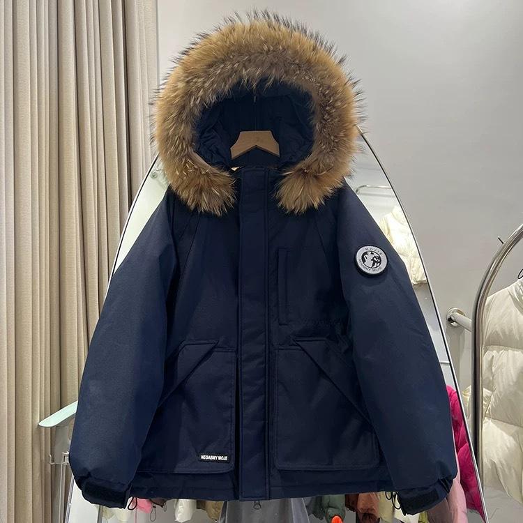 

Корейская пуховая куртка с хлопковой подкладкой Женские зимние парки Куртки Толстые пальто С меховым капюшоном Женская одежда L темно-синий