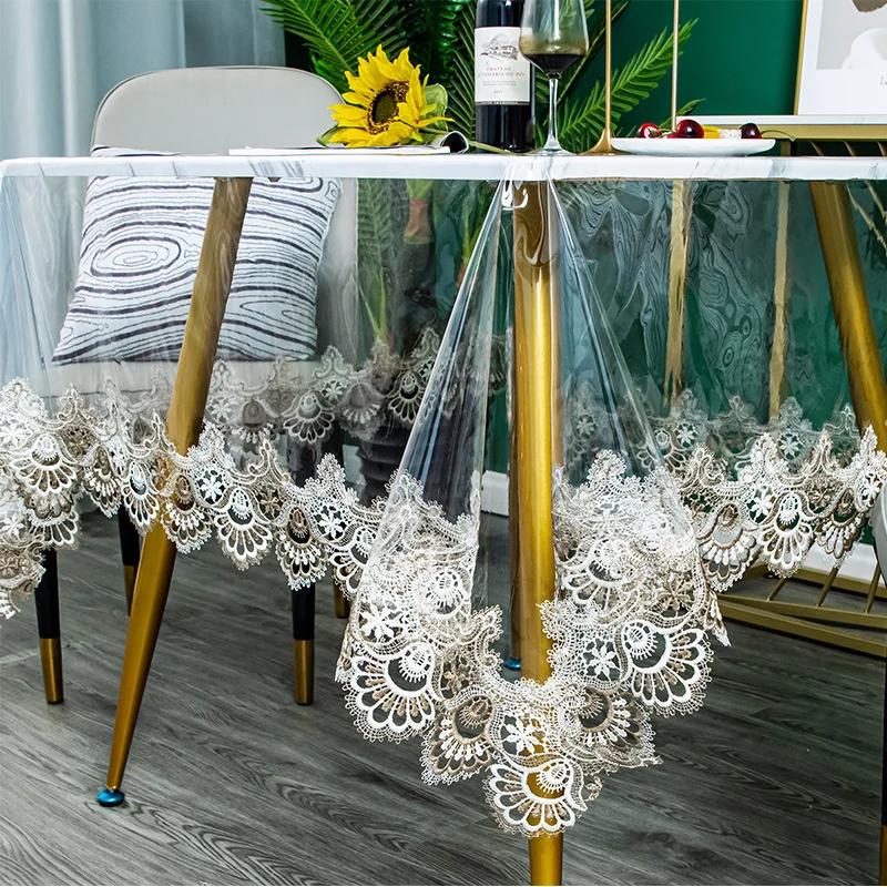 

Lace Embroidered Pvc Tablecloth Waterproof Oil-Proof Rectangle Table Cloth Clear Transparent Dining Tables Cover Party Decor New 80X80cm