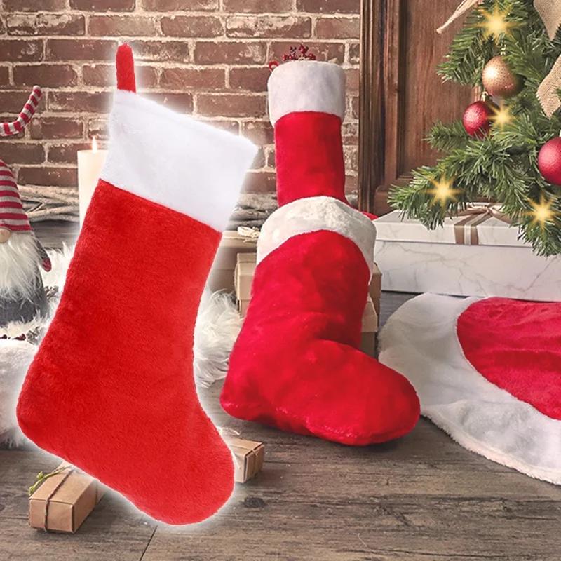 42Cm Christmas Stockings White Plush Cuff Hanging Socks Personalized Gift Bag Stocking Decorations Season Fireplace Decor