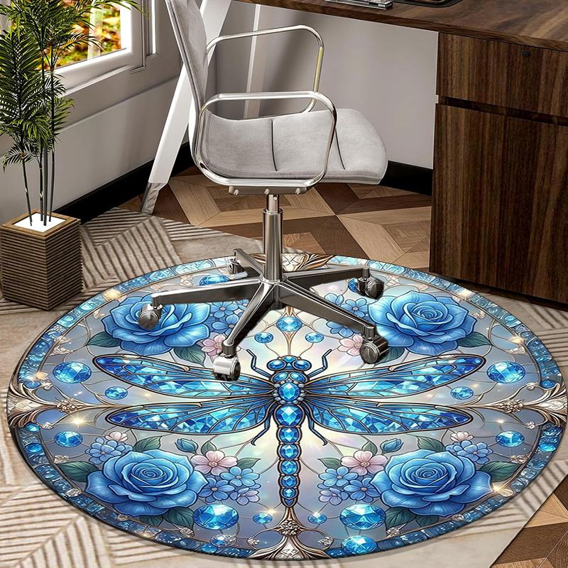 Stained Glass Dragonfly Art Round Carpet Chair Cushion Round Entryway Rug, Soft Round Rugs for Living Room, Bedroom, Circle Carpet Decor Gifts