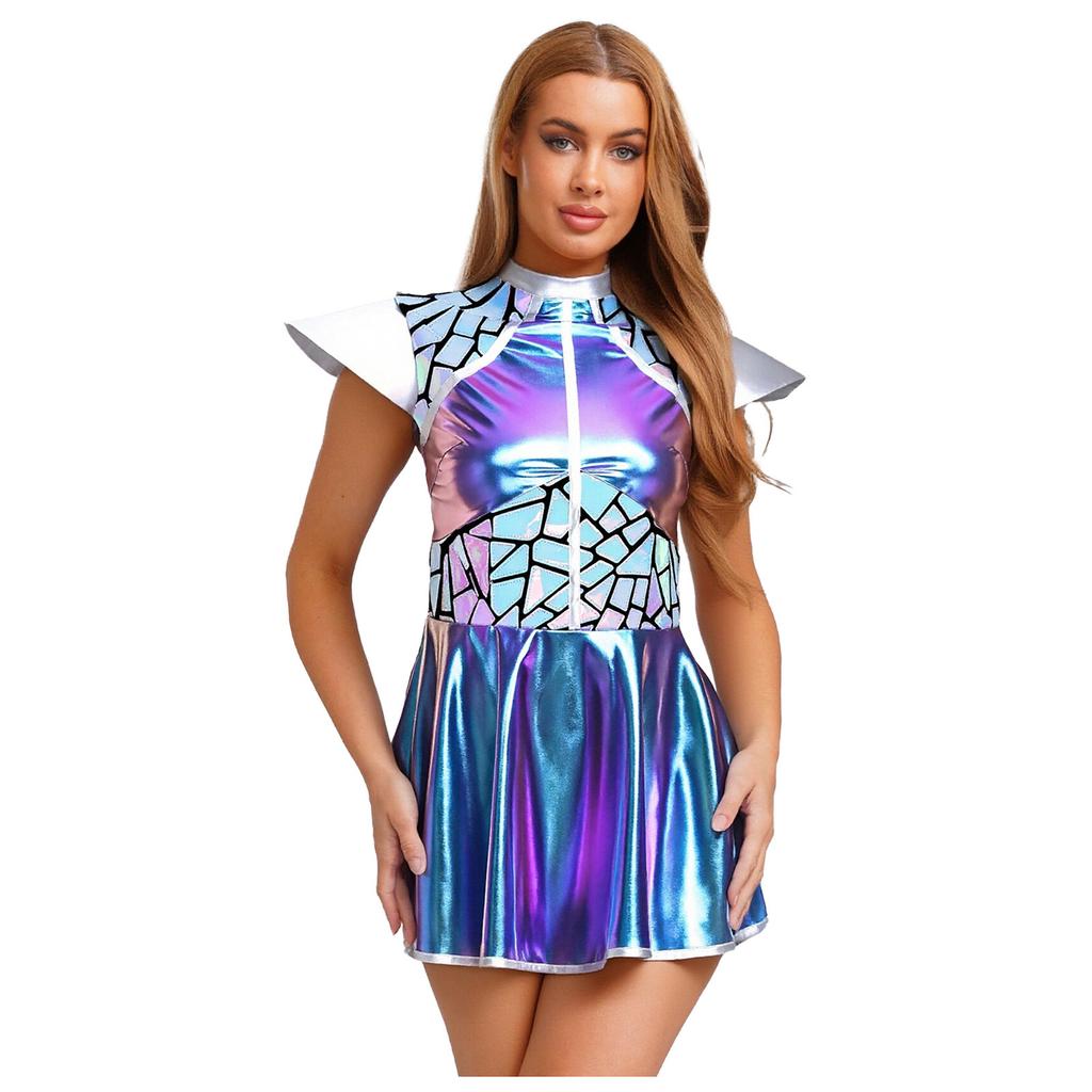 Complete Women‘s Alien Astronaut Halloween Costume S-3XL: Gradient Sequin Mini Dress with Metallic Patchwork & Fly Sleeves