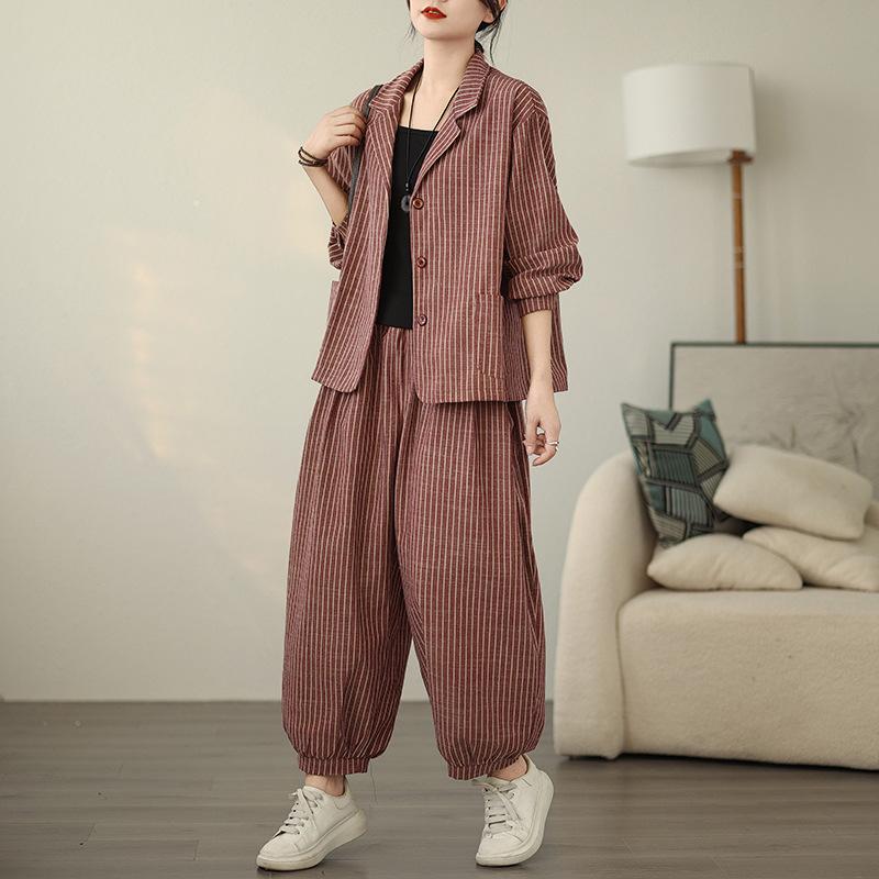 Retro Stripe Cotton Linen Suit Women's Autumn Temperament Casual Wide Leg Harem Pants Loose Oversized Set