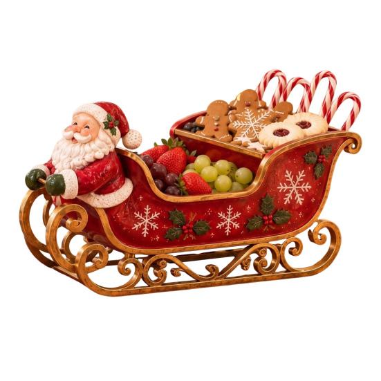 Santa Claus Storage Bowl Sleigh Christmas Table Centerpiece, Multi‑Compartment Candy Fruit Serving Bowl, Festive Tray Tabletop Ornament for