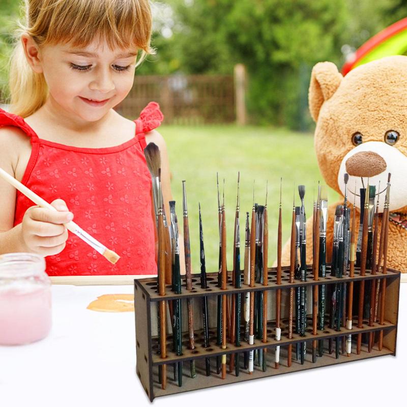 67 Holes Wooden Brush Holder Artist Desk Organizer Wall Mounted Freestanding Detachable Holder Makeup Brush Shelf