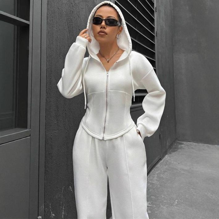 Europe, America, Autumn and Winter Fleece Hooded Cardigan Slim Sweater Wide-leg Pants Two-piece Set