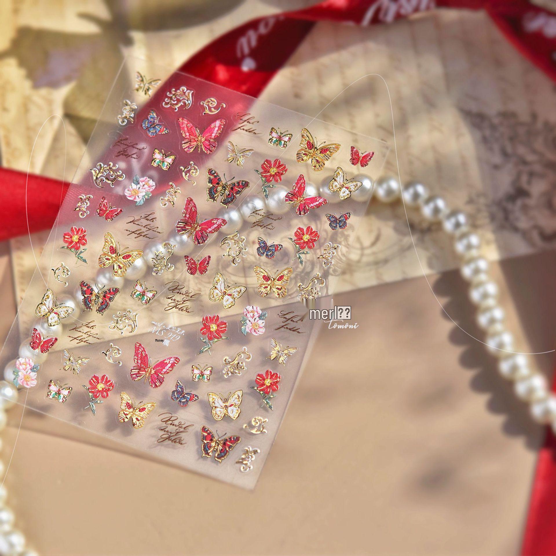 

Tomoni & Moshu Luxury Metal Nail Art Stickers with Gold Thread, Butterfly, and Landscape Designs