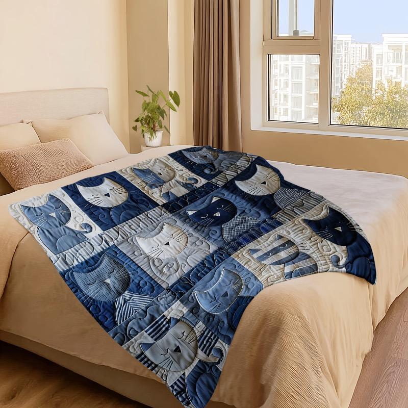 Retro blaue und weiße Patchwork-Katzen-Decke - weicher Flanell für das ganze Jahr, bunte Streifen und einfarbiges Blockdesign