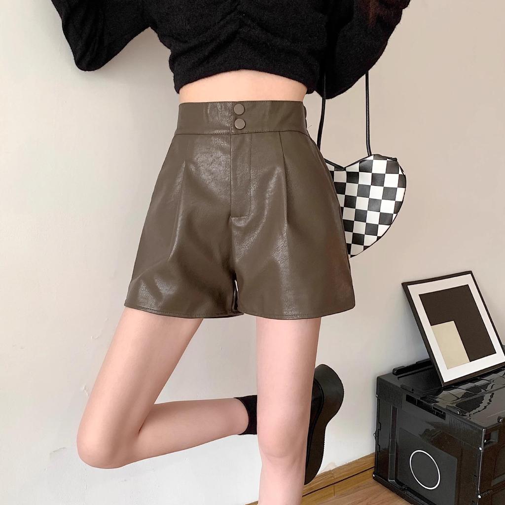 Autumn Brown High-Waist Slimming Leather Shorts for Women