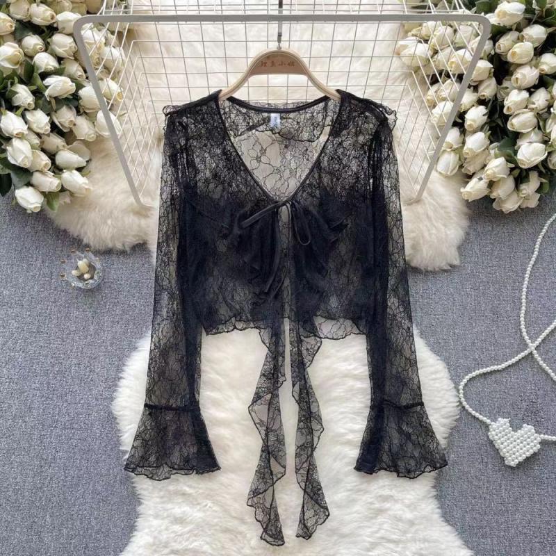 Cardigan estivo in chiffon da donna - Pizzo con balze, Chiusura con laccio sul davanti, Maniche a campana, Sciarpa parasole.